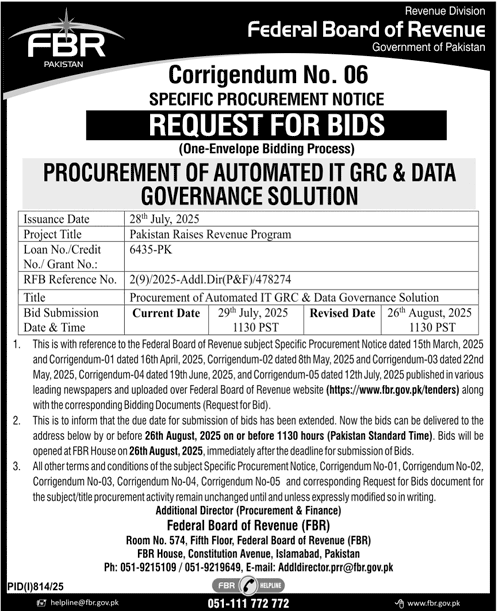 Federal Board of Revenue Islamabad Tender Notice